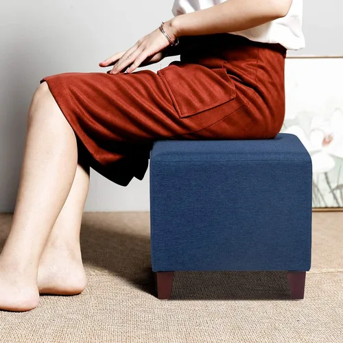 Vista 5 de Asense Reposapiés otomano tapizado de tela de lino con patas de madera, azul