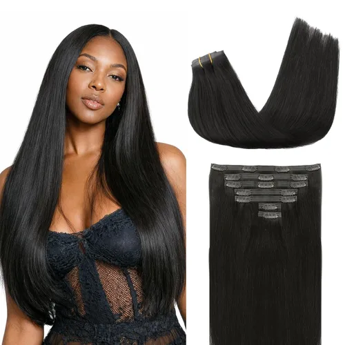 Vista 59 de Lashey Extensiones de cabello humano con clip, sin costuras, #1, color negro azabache, extensiones de cabello humano real, extensiones de cabello