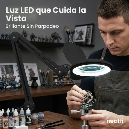 Vista 4 de Neatfi Lámpara de aumento bifocal LED de 1,200 lúmenes, lente de vidrio de 5 pulgadas, aumento doble 2.25X/6X, regulable, brazo ajustable con Negro
