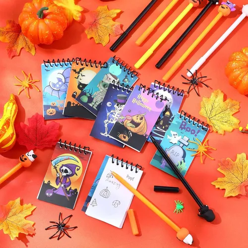 Vista 4 de Jetec Juego de 48 cuadernos de Halloween, mini bloc de notas en espiral, divertidos bolígrafos de gel de dibujos animados, fantasma, calabaza