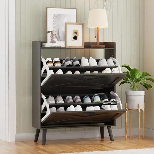 Vista 9 de Homleke Armario de Almacenamiento de Zapatos Estilo Granja de 32" de Ancho con 2 Cajones Abatibles y Diseño de Puerta de Granero, Estantes
