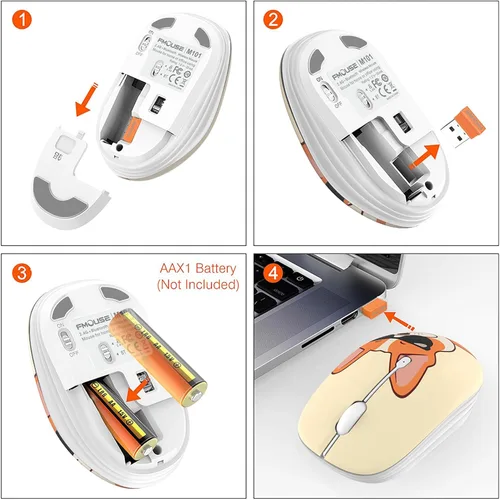 Vista 4 de FMOUSE Bonito mouse inalámbrico, Bluetooth y modo dual de 2.4 GHz con receptor USB, clic silencioso, alimentado por batería AA, para niños, Niña