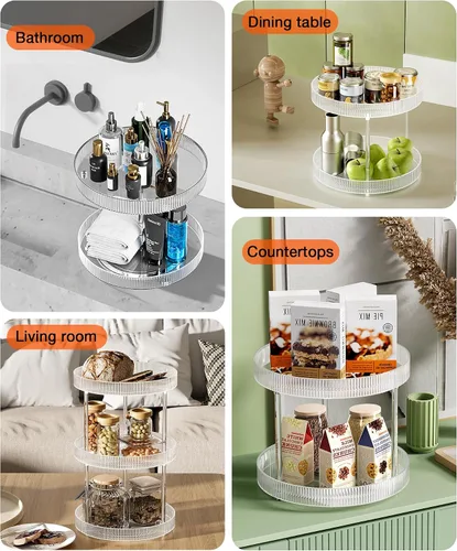 Vista 6 de Bandeja de almacenamiento giratoria transparente de 360°, organizador de encimera de baño Lazy Susan de 2 niveles, organizador de cosméticos