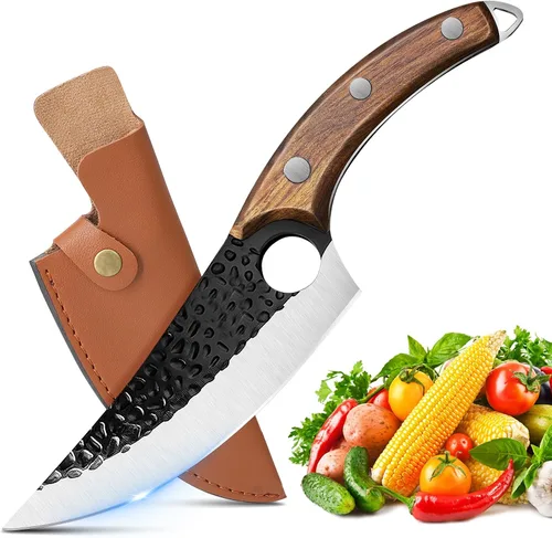 Vista 8 de ZENG Cuchillo de chef de 7 pulgadas, cuchillos de carnicero forjados a mano con funda, cuchillo japonés de acero de alto carbono para cortar carne