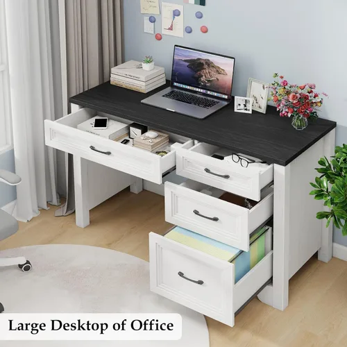 Vista 4 de Halitaa Escritorio ejecutivo de granja con cajones, escritorio de madera para computadora con amplio cajón de archivos, escritorio rústico