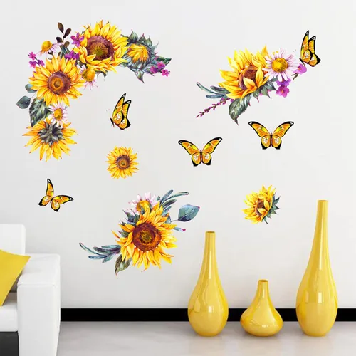 Vista 2 de Calcomanías de pared de girasol de acuarela, creativas calcomanías de pared de flores amarillas 3D, calcomanías de mariposa de sol para despegar