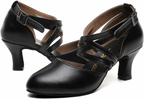 Vista 6 de Zapatos de carácter con correa cruzada negra para mujer, zapatos de baile de salón de baile de salón de baile de salón de boda
