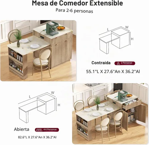 Vista 3 de Merax Isla de cocina acanalada de 82.6 pulgadas con mesa de comedor extensible para 4-6, mesa de isla para cocina con toma de corriente, mesa