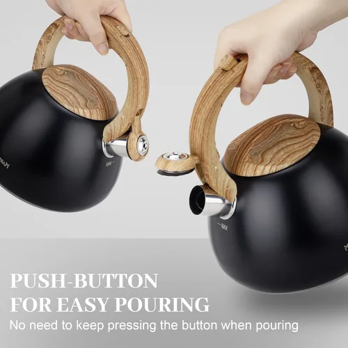 Vista 5 de MARSKITOP Tetera para estufa, tetera silbante para estufa, tetera de acero inoxidable de grado alimenticio con mango ergonómico Cool Touch, 2.6 Negro