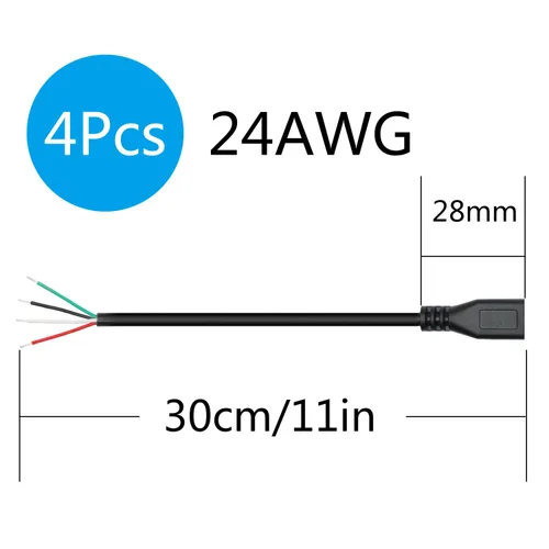 Vista 7 de Cable corto micro USB hembra de 4 pines de 11 pulgadas, 24AWG USB 5V/2A 4 pines Pigtail Cable de alimentación y datos de extremo abierto