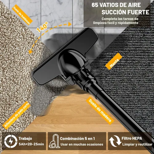 Vista 4 de Aspiradora inalámbrica para batería Dewalt de 20 V, aspiradora eléctrica de mano 5 en 1 con potente motor de 500 W, aspiradora de mano portátil