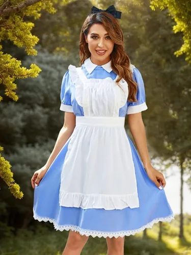 Vista 2 de Disfraz de Alicia de Halloween para mujer, vestido de princesa de manga abombada con cremallera