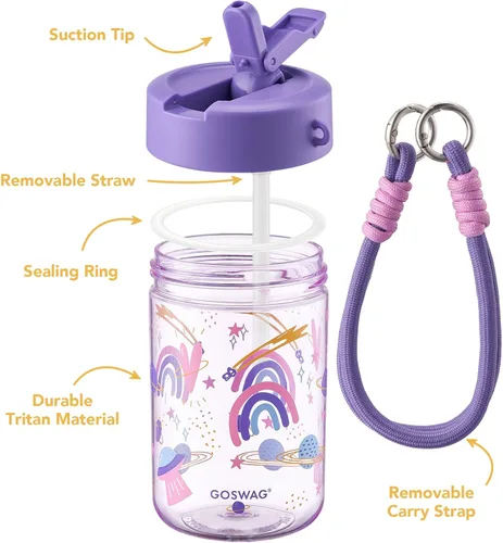 Vista 5 de GOSWAG Botella de agua para niños de 16 onzas con tapa con popote, botella Sueño estrellado