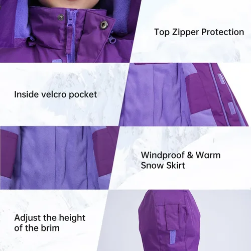 Vista 25 de Chaqueta de esquí impermeable para niñas, chaqueta de snowboard para exteriores, resistente al viento, con forro polar, abrigo de nieve cálido