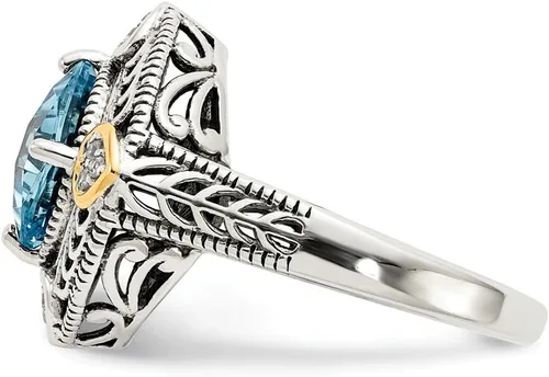 Vista 3 de Solid 925 Sterling Silver with 14k Diamond & Blue Simulated Topaz Ring (4mm)