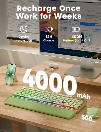 Vista 4 de Combo de teclado y mouse inalámbricos, 9 efectos retroiluminados, reposamuñecas, teclas de doble disparo, panel de metal, recargable de larga