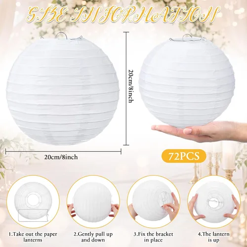 Vista 3 de Treela Faroles de papel japoneses chinos blancos decorativos colgantes redondos de papel para decoración de bodas, fiestas de cumpleaños