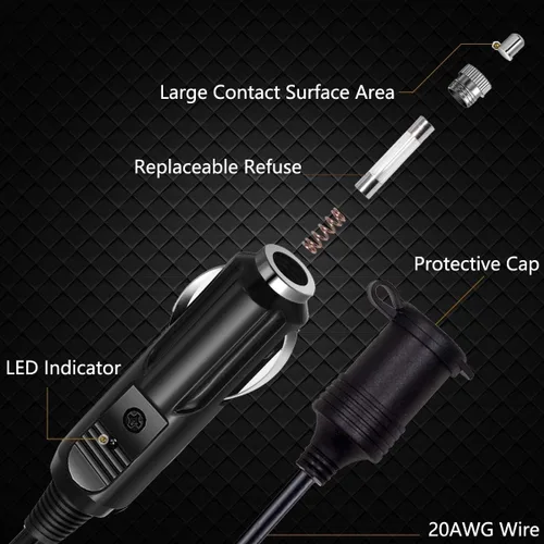 Vista 2 de Cable de extensión para encendedor de cigarrillos de 10 pies 8A, cable de núcleo de cobre puro, cable de enchufe de alimentación CC automático 8A