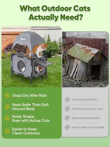 Vista 5 de Rywell Casa elevada para gatos al aire libre de 2 niveles con toldo, plataforma elevada de varios niveles, casa exterior para gatos con malla