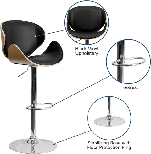 Vista 5 de Taburete de bar Flash Furniture de madera de haya con altura ajustable y asiento y respaldo de vinilo negro curvado, Espuma Madera Vinilo, Hayedo
