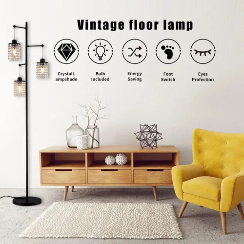 Vista 2 de beaysyty Art Decor Crystal Black Lámpara de pie de 3 luces contemporánea pantalla de cristal para sala de estar, dormitorio, oficina Negro