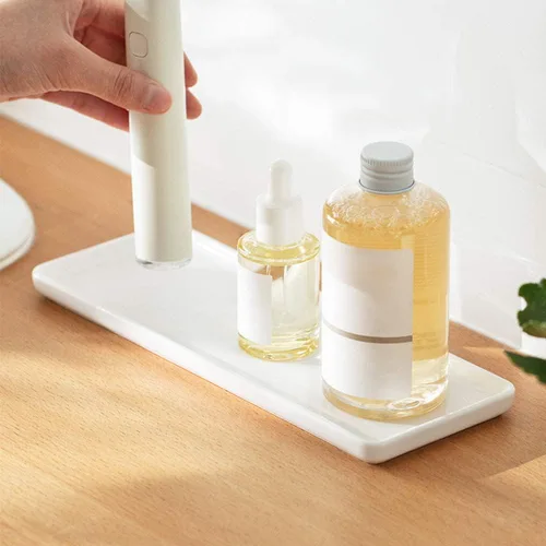 Vista 3 de Bandeja de cerámica para velas, rectangular pequeña, organizador de mármol blanco para velas, jabón, joyas, perfumes, toallero, bandeja decorativa