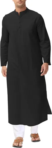 Vista 5 de LVCBL Kaftan para hombre, de manga larga, caftán, thobe, con abertura lateral, bata musulmana, con botones, túnica larga Blanco
