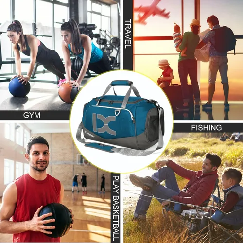 Vista 6 de INOXTO Bolsa de deporte de fitness con compartimento para zapatos, impermeable, bolsa de viaje para mujeres y hombres, azul Gray