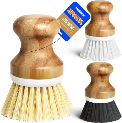 Vista 9 de Holikme Paquete de 3 cepillos para platos con mango de bambú, color negro