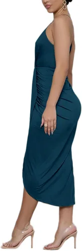 Vista 3 de LYANER - Vestido por debajo de la rodilla, tipo bodycon, con tirantes delgados, sin mangas, con cuello en V, fruncido y dobladillo con abertura