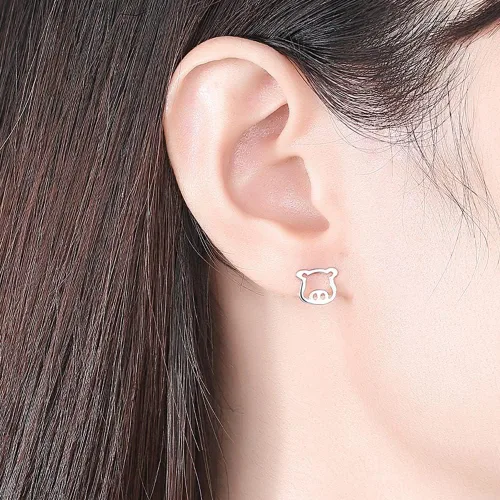 Vista 4 de Bonitos aretes pequeños de cerdo hueco para mujeres, adolescentes, niñas, cartílago, tragus, orejas sensibles, plata de ley S925, delicados