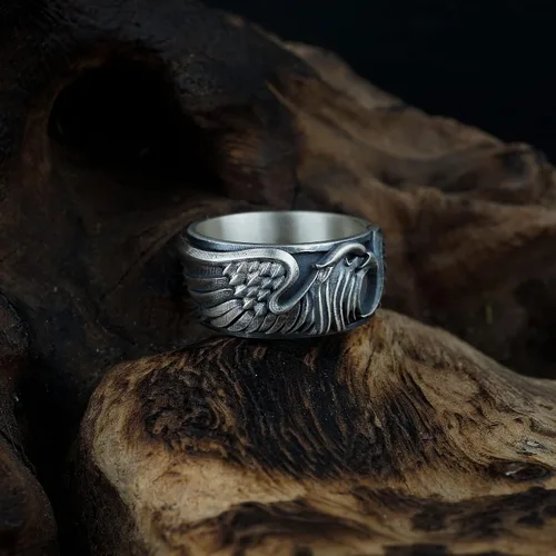 Vista 5 de Sterling Silver Eagle Ring, American Eagle Ring, Winged Bird Band, Mens Eagle Biker Ring, 925 Silver Hawk Band