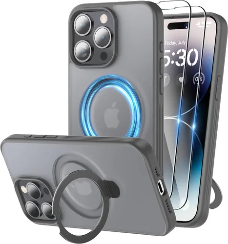 Vista 14 de Funda magnética para iPhone 15 con soporte, soporte de anillo invisible con protector de pantalla compatible con MagSafe Slim esmerilado mate, funda