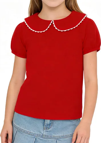 Vista 7 de LYSMuch Camisa básica de manga corta con cuello Peter Pan para niñas de 2 a 5 años, color liso