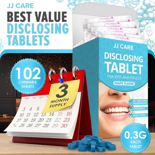 Vista 6 de JJ Care Tabletas reveladoras para dientes, 102 unidades, tabletas de revelación de placas envueltas individualmente para niños que cepillan