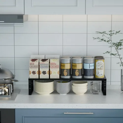 Vista 2 de Estante Expandible para Especias de Cocina, Organizador de Estantes de Almacenamiento Apilables, Estantería Ajustable para Gabinetes, Encimera, Negro