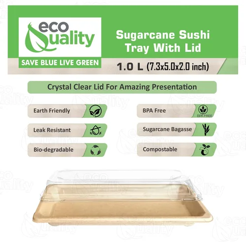 Vista 2 de Bandejas grandes compostables para sushi con tapas, contenedor de sushi natural de caña de azúcar, biodegradable, plato de sushi desechable