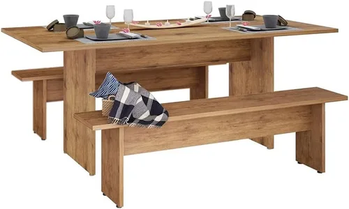 Vista 5 de Manhattan Comfort Nomad - Juego de comedor de 3 piezas para 6 personas con mesa de cocina moderna y 2 bancos, muebles de granja con acabado de grano