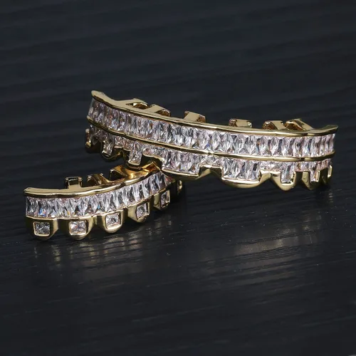 Vista 3 de TOPGRILLZ Parrillas superiores e inferiores bañadas en oro de 14 quilates para tus dientes Hip Hop para hombres, Circonita cúbica
