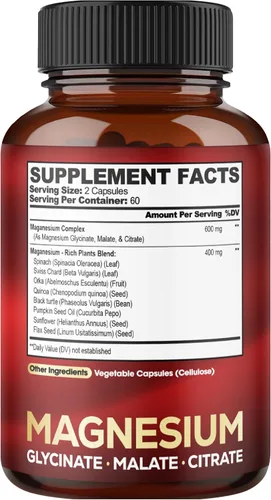 Vista 7 de Complejo triple de magnesio – 600 mg de glicinato de magnesio, malato y citrato – Espinacas añadidas, acelgas suizas y otros – Apoya la calma