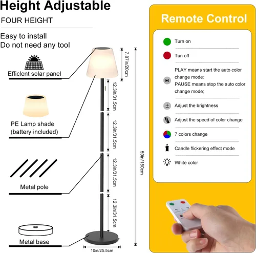 Vista 6 de Gewiny Lámpara de pie exterior Lámparas solares para exteriores Lámpara de pie impermeable recargable Lámpara de pie solar inalámbrica regulable LED