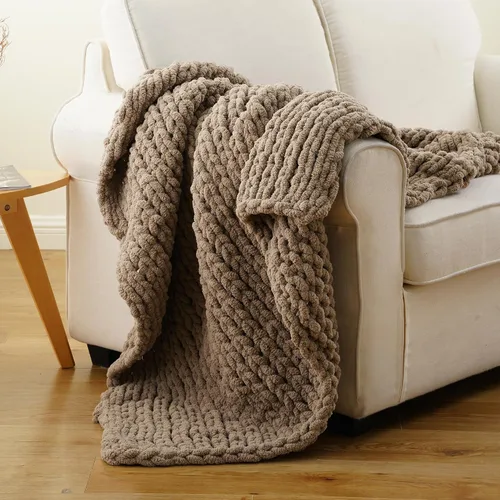 Vista 14 de Battilo - Manta de punto grueso de cachemira beige y crema, manta suave y gruesa de chenilla, manta de crochet de punto trenzado hecha a mano