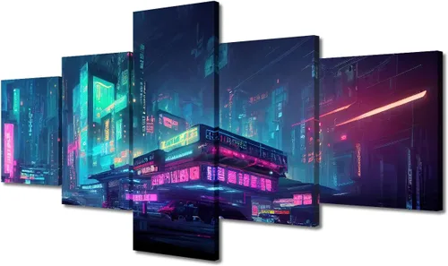 Vista 222 de Cuadros de 5 paneles de Cyberpunk City, arte de pared, representación de vallas publicitarias, edificios modernos en la capital con obras de arte
