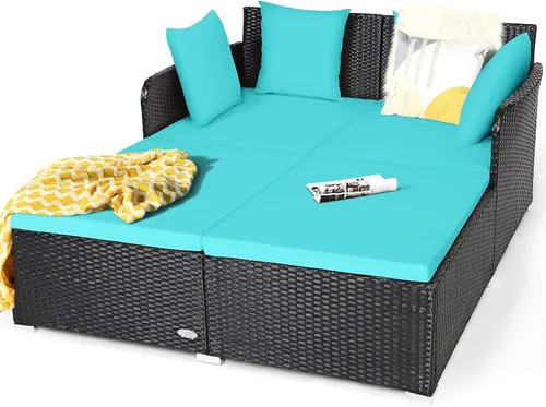 Vista 13 de HAPPYGRILL Sofá cama de ratán para exteriores, juego de sofá cama para patio con cojín y almohadas, pie de aluminio resistente, muebles de mimbre