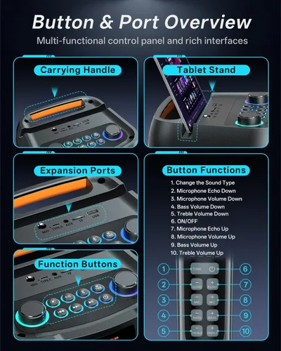 Vista 5 de Máquina de karaoke con 2 micrófonos inalámbricos, sistema PA portátil con luces LED, Bluetoot 5.3, altavoz de fiesta compatible con tipo C, USB