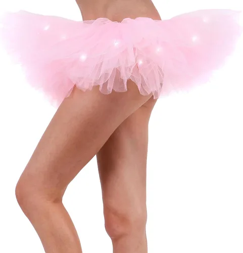 Vista 2 de Falda tutú clásica con 5capas y luces LED para mujer talla única Rosado claro