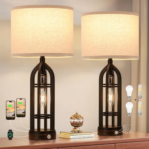 Vista 9 de Seealle Juego de 2 Lámparas de Mesa para Sala de Estar - Lámpara de Noche de Aspecto de Madera para Dormitorio con USB C+A y Enchufe, Lámparas
