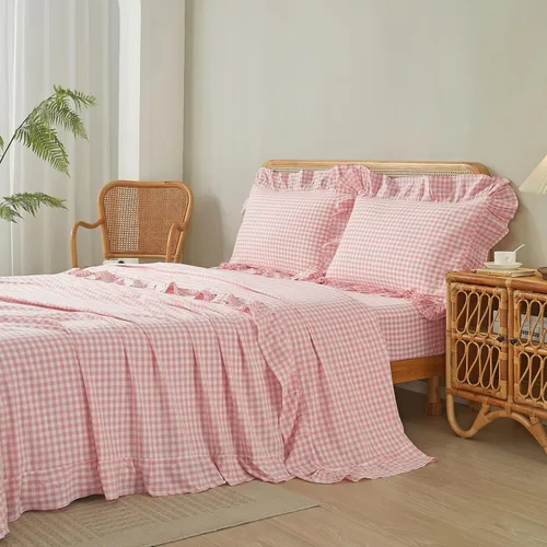 Vista 10 de LifeTB Gingham Ruffle Twin Sheets Set Soft Microfiber Blue Plaid Bed Sheets Volante - Azul Gingham
