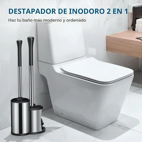 Vista 7 de Émbolo de inodoro y cepillo de inodoro con soporte de émbolo y cepillo de inodoro combinado con mango de acero inoxidable para limpieza de baño