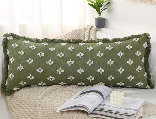 Vista 12 de Funda de almohada lumbar larga bohemia de 12 x 36 pulgadas con flecos de borlas, funda de almohada lumbar extra decorativa con patrón de flores 3D